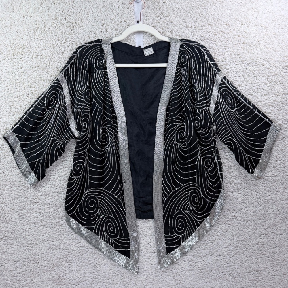 Womens OS Vintage Silk Beaded Jacket Black Silver Sequin Kimono Boho Evening Top